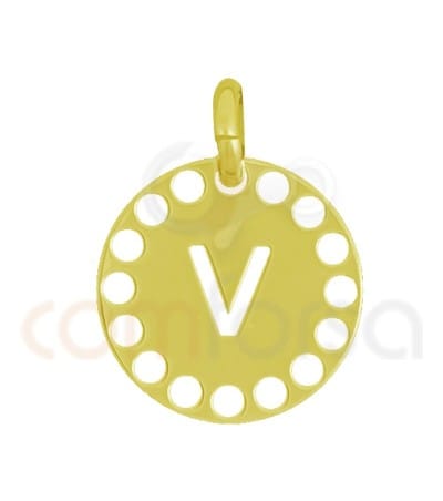 Pendentif lettre V avec des circles ajourés 14 mm argent 925 plaqué or