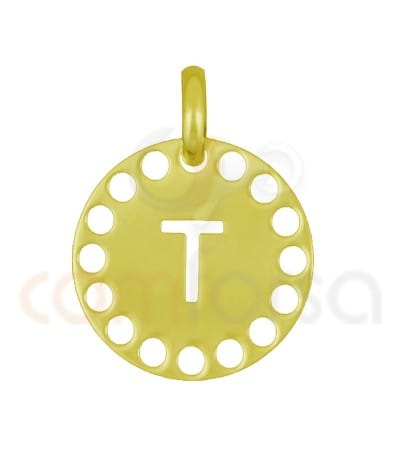 Pendentif lettre T avec des circles ajourés 14 mm argent 925 plaqué or