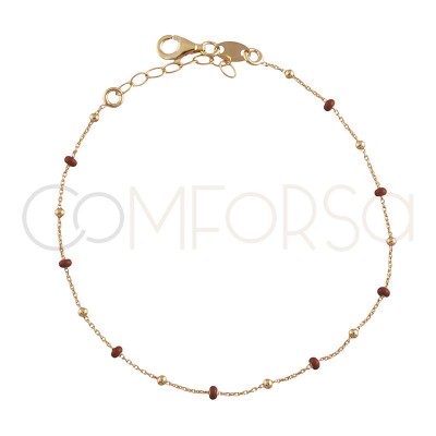 Bracelet avec perles emaillées rouge vin 18+3cm en argent plaqué or