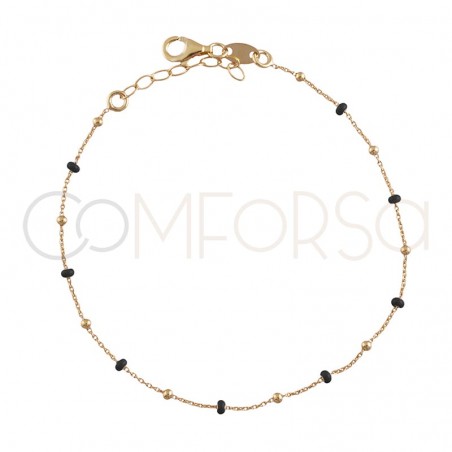 Bracelet avec perles emaillées noires 18+3cm en argent plaqué or