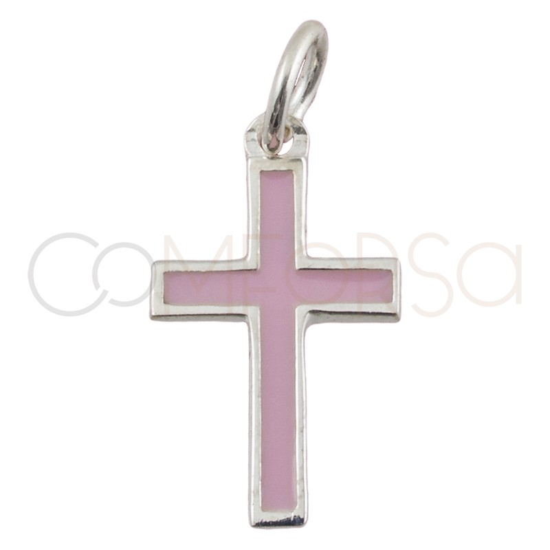 Pendentif croix émaillée rose 9 x 16 mm argent 925