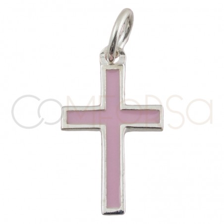 Pendentif croix émaillée rose 9 x 16 mm argent 925