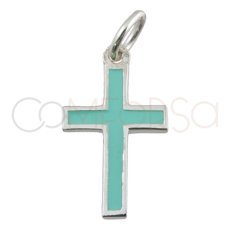 Pendentif croix émaillée vert menthe 9 x 16 mm argent 925