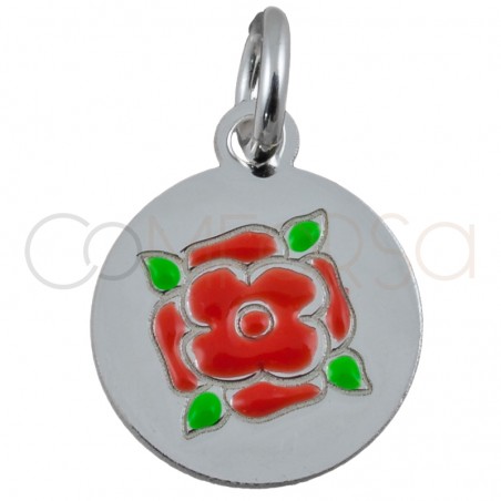 Pendentif fleur rond émail "Rose Red" 10mm argent 925 plaqué or