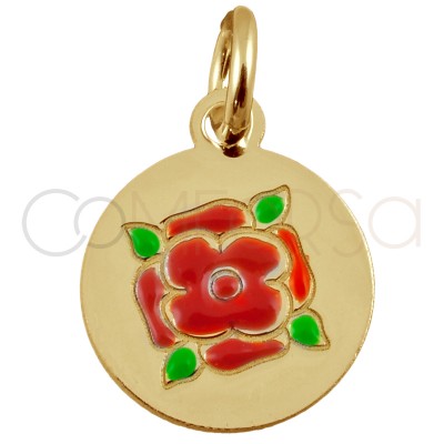 Pendentif fleur rond émail "Rose Red" 10mm argent 925 plaqué or