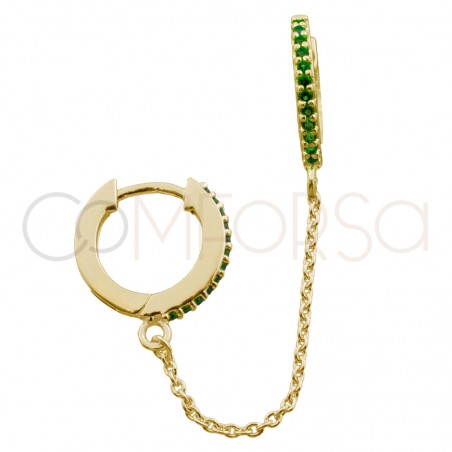 Boucle d'oreille double créole 12mm zircone emerald et chaîne argent 925
