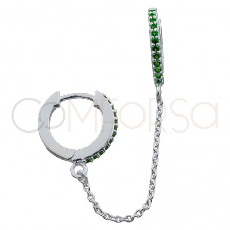 Boucle d'oreille double créole 12mm zircone emerald et chaîne argent 925 plaqué or