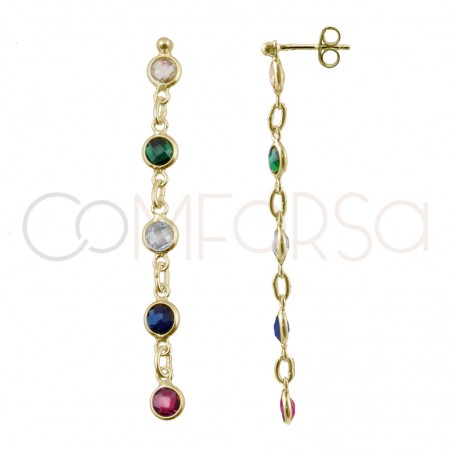 Boucles d'oreilles avec 5 zircones colorés 5mm x 52mm argent 925 plaqué or