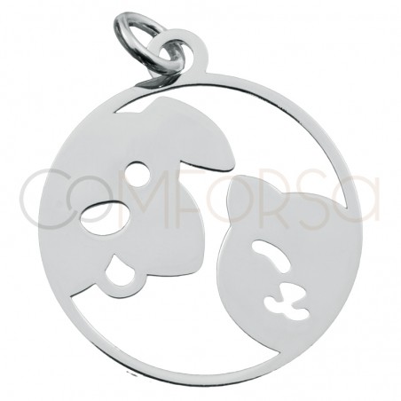 Pendentif rond avec tête de chien et chat 18mm argent 925