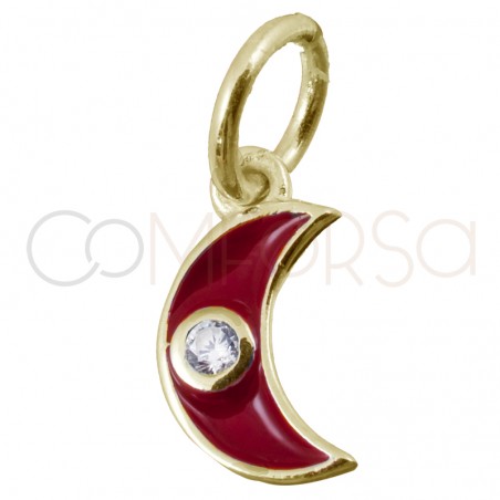 Pendentif lune rouge avec zircone 7.7x13mm argent 925 plaqué or