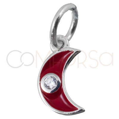 Pendentif lune rouge avec zircone 7.7x13mm argent 925 plaqué or