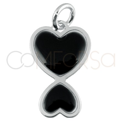 Pendentif double coeur émail noir 10x16mm argent 925 plaqué or