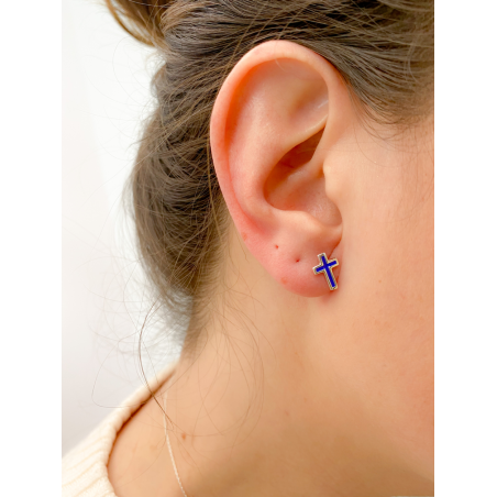 Boucles d’oreilles croix avec émail Blue 7x10mm argent 925 plaqué or