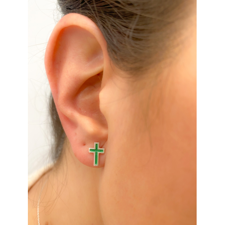 Boucles d’oreilles croix avec émail vert 7x10mm argent 925 plaqué or