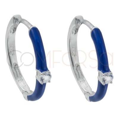 Créoles émaillées bleu avec zircone 18mm argent 925 plaqué or