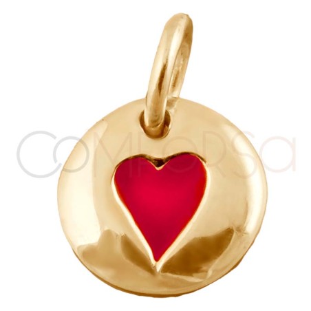 Breloque ronde avec coeur rouge 8mm argent 925 plaqué or