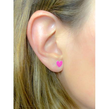 Boucles d'oreilles coeur émaillées rose 7 x 8mm argent 925 plaqué or