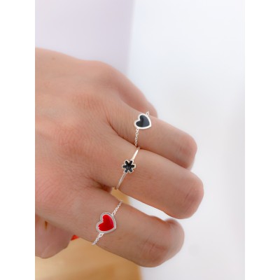 Bague chaîne coeur rouge argent 925 plaqué or