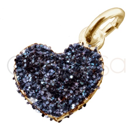 Pendentif coeur glitter noir 8.5mm argent 925 plaqué or