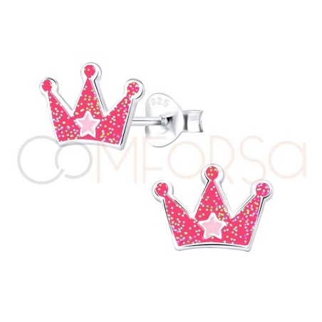 Boucles d’oreilles couronne de princesse rose fuchsia 10 x 7mm argent 925