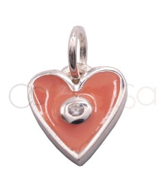 Pendentif coeur émail peach avec zircone 8 x 10mm argent 925