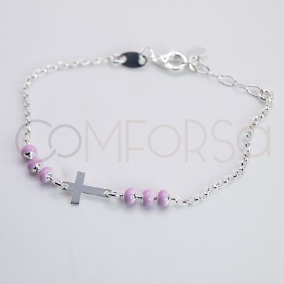 Bracelet pour enfants croix en émail rose 14 + 2cm argent 925