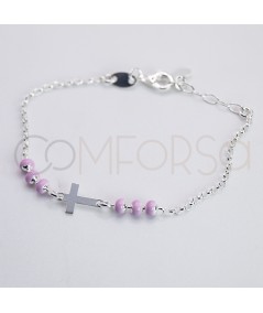 Bracelet pour enfants croix en émail rose 14 + 2cm argent 925