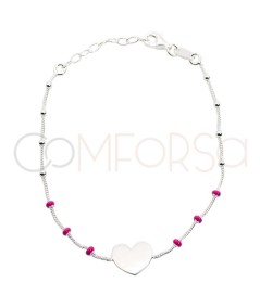 Gravure + Bracelet avec cœur et boulettes fuchsia 17 + 3cm argent 925