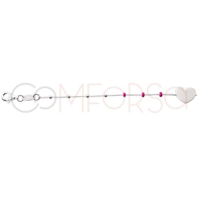 Gravure + Bracelet avec cœur et boulettes fuchsia 17 + 3cm argent 925