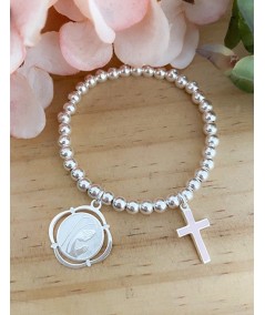 Bracelet de boules avec pendentif Vierge Marie et croix en émail blanc argent 925