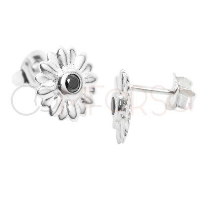 Boucles d'oreilles tournesol avec zircone noire 12mm argent 925