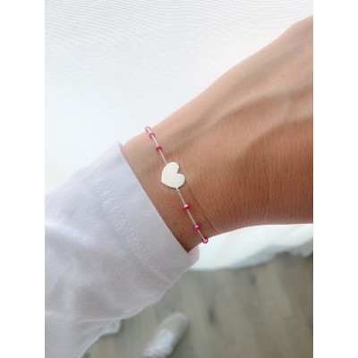 Gravure + Bracelet avec cœur et boulettes fuchsia 17 + 3cm argent 925