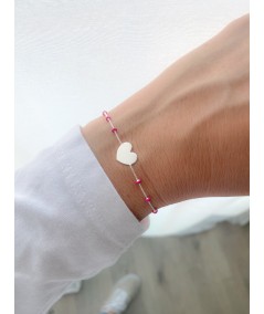 Gravure + Bracelet avec cœur et boulettes fuchsia 17 + 3cm argent 925