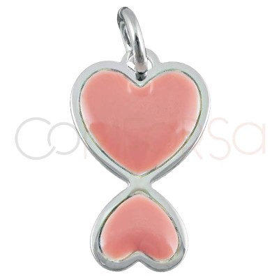 Pendentif double coeur émaillé rose 10 x 16mm argent 925 plaqué or