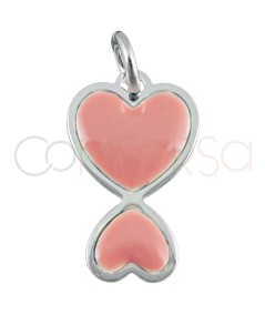 Pendentif double coeur émaillé rose 10 x 16mm argent 925 plaqué or