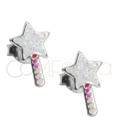Boucle d'oreille baguette étoile rose avec glitter 6 x 10mm argent 925