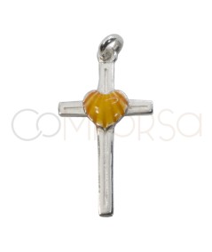 Pendentif croix avec cœur orange 14 x 25mm argent 925