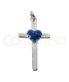Pendentif croix avec cœur bleu 14 x 25mm argent 925