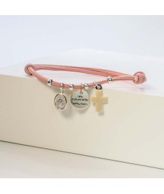 Bracelet avec élastique rose avec pendentifs croix, vierge et médaille "ma première communion" argent 925