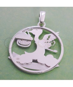 Pendentif rond cigogne avec bébé avec lune 20mm argent 925