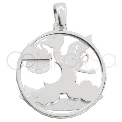 Gravure + Pendentif rond cigogne avec bébé avec lune 20mm argent 925