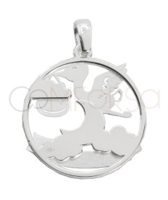 Gravure + Pendentif rond cigogne avec bébé avec lune 20mm argent 925