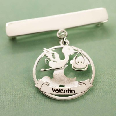 Gravure + Pendentif rond cigogne avec bébé avec lune 20mm argent 925