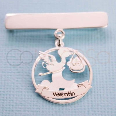 Gravure + Pendentif rond cigogne avec bébé avec lune 20mm argent 925