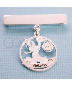 Gravure + Pendentif rond cigogne avec bébé avec lune 20mm argent 925