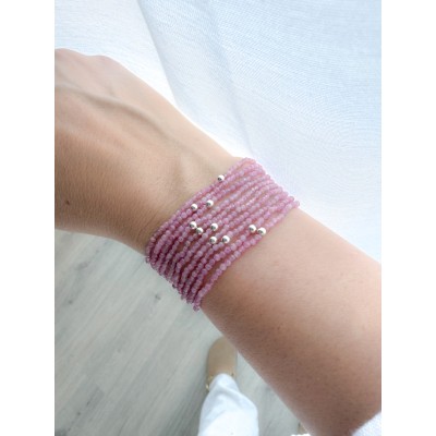 Bracelet élastique de pierres Pink Tourmaline argent 925