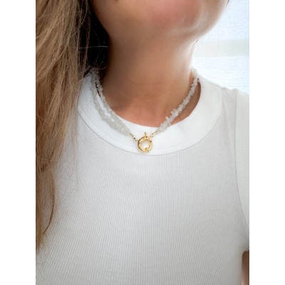 Collier double pierre Lune avec fermoir bouée dorée 45 cm