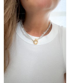 Collier double pierre Lune avec fermoir bouée dorée 45 cm